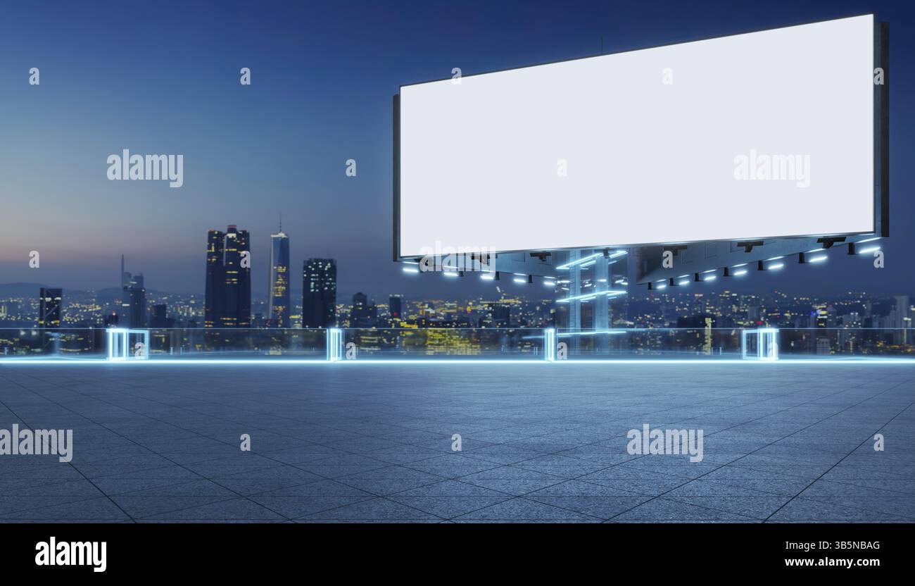 Leere Reklametafeln, die die Nacht auf dem Dach des modernen Gebäudes mit Blick auf die Skyline der Stadt beleuchten. 3D-Rendering Stockfoto