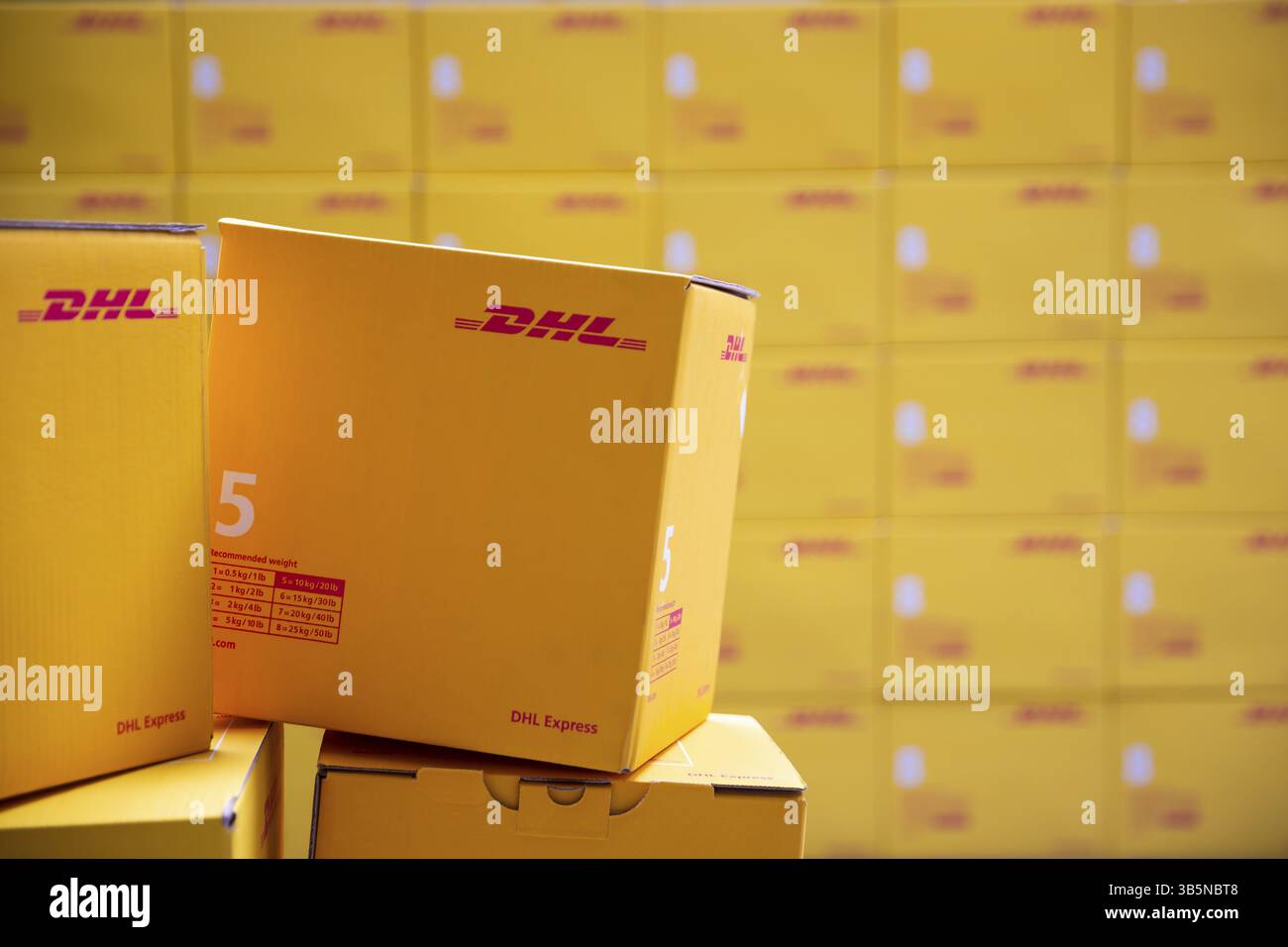 Sofia, Bulgarien - 17. Oktober 2018: Gelbe DHL Express-Pakete werden in einem Lager organisiert gesehen Stockfoto