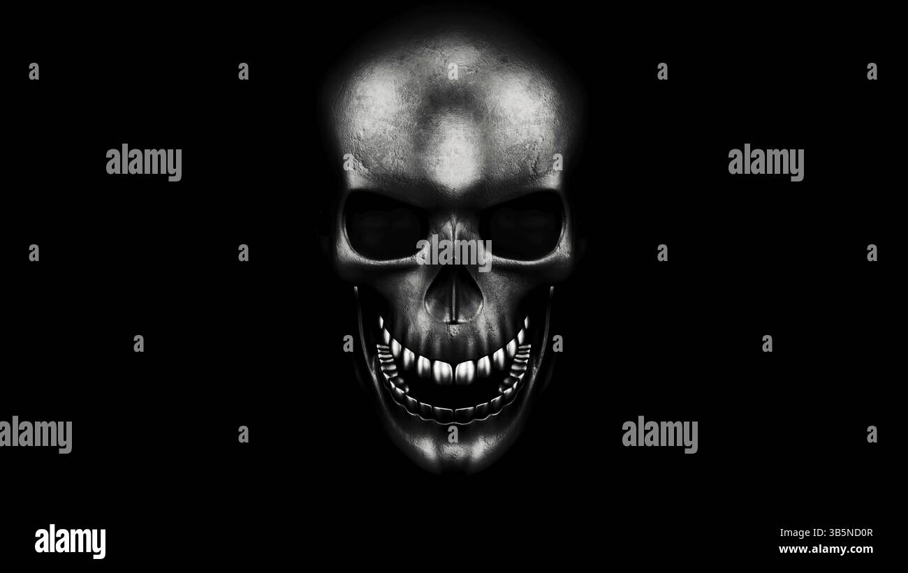 Menschlicher Schädel auf schwarzen Hintergrund, 3D-Rendering. Halloween Konzept Stockfoto