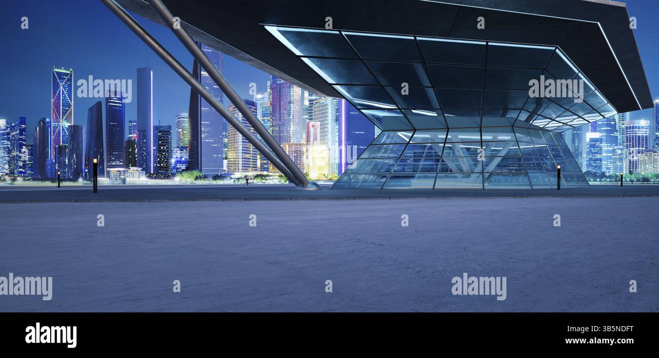 Leerer Betonboden mit polygonförmigem Design, modernes Außengebäude. 3D-Rendering Stockfoto