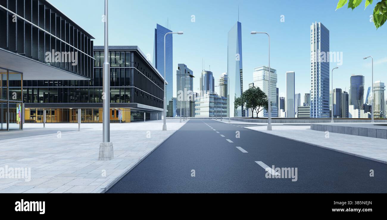 Blick auf die Straße und die Bürogebäude im Hintergrund. 3D Rendern Stockfoto
