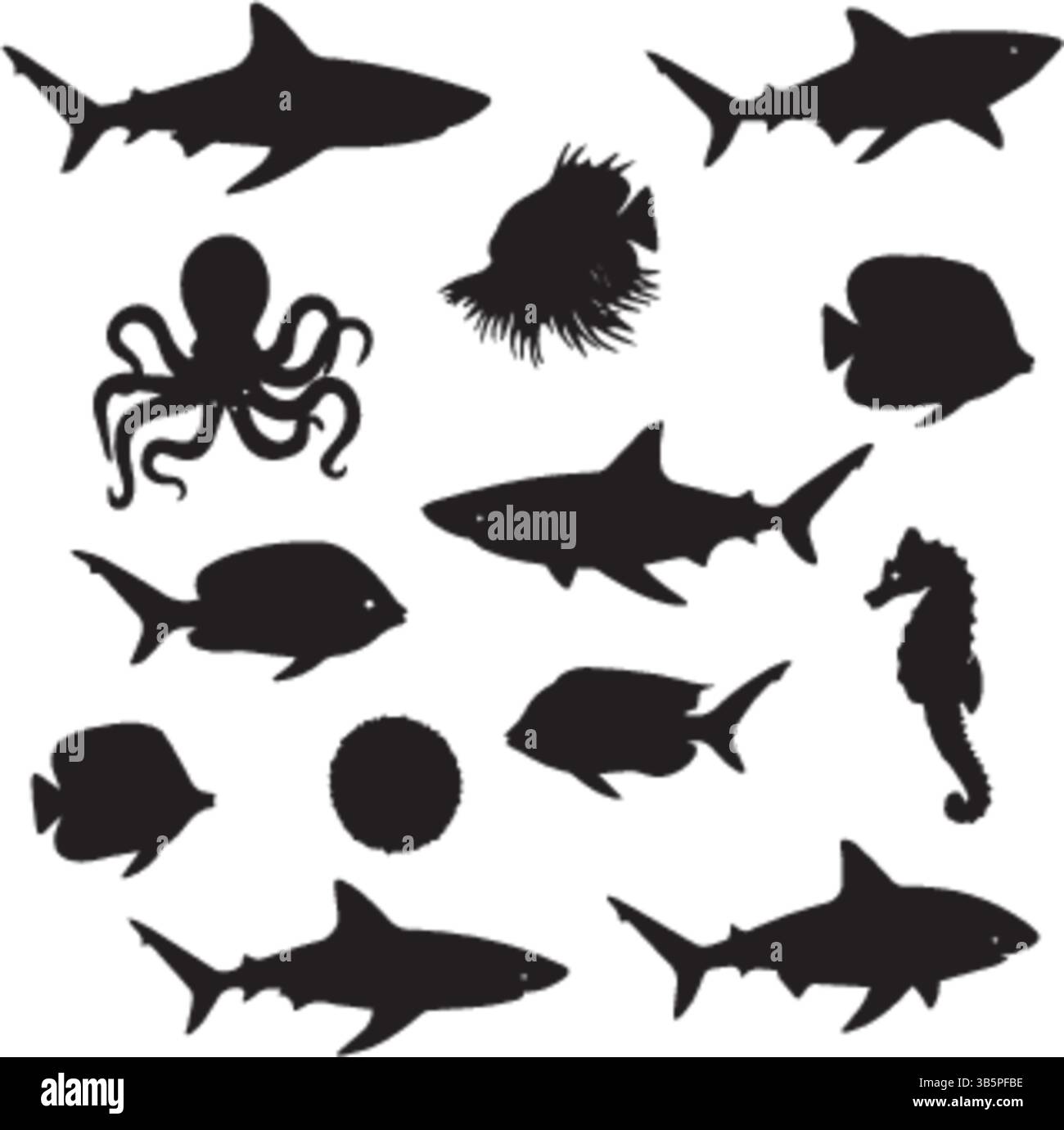 Unterwasserwelt Silhouetten: Haie, Angelfische, Oktopus, Seepferdchen Und Mehr - Schwarz-Weiß-Illustration Stock Vektor
