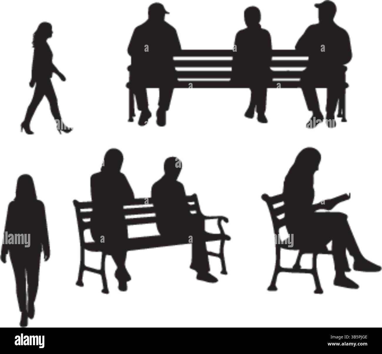 People Silhouetten: Diverse Bank- Und Walking-Posen - Vektor-Illustration Stock Vektor