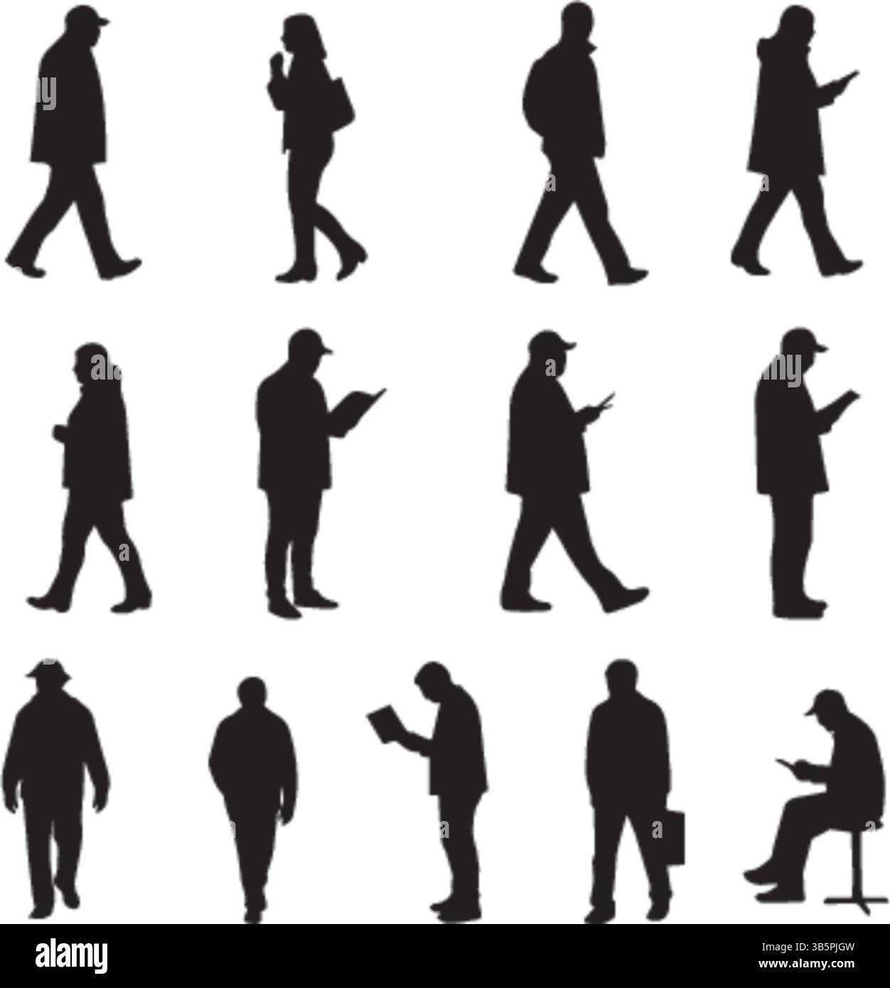 Alltagssilhouetten: Vielfältige menschliche Aktivitäten im 3x4-Raster - minimalistische Vektorillustration Stock Vektor