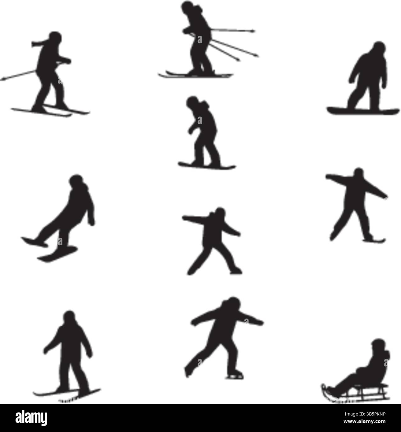 Wintersport Silhouetten: Dynamisches Skifahren, Snowboarden, Eislaufen & Rodeln Posen - Vektor-Illustration Stock Vektor