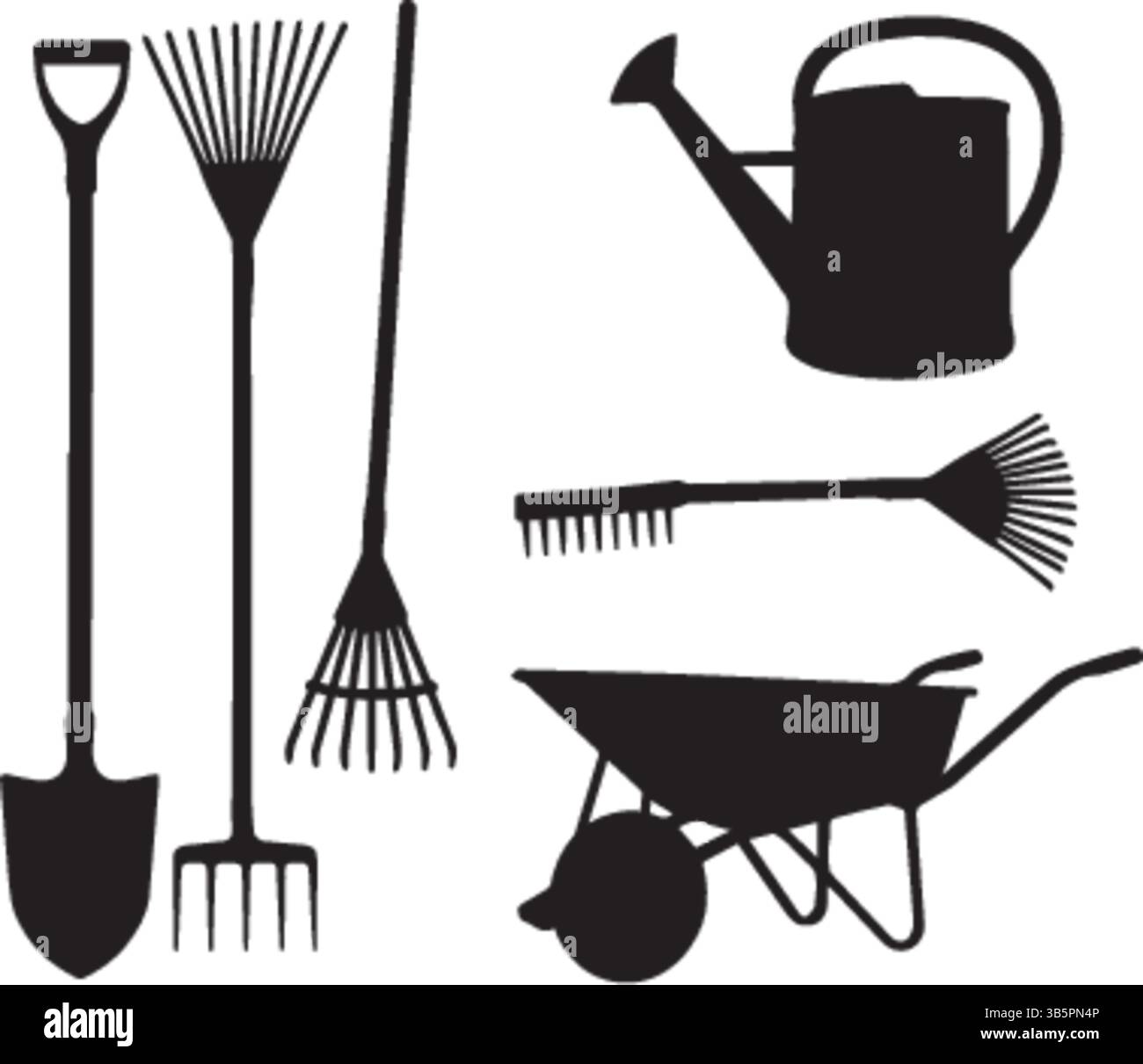 Gartenwerkzeug-Silhouetten: Schaufel, Blattrecht, Gartengabel, Handrechen, Gießkanne & Schubkarre - Vektor-Illustration Stock Vektor