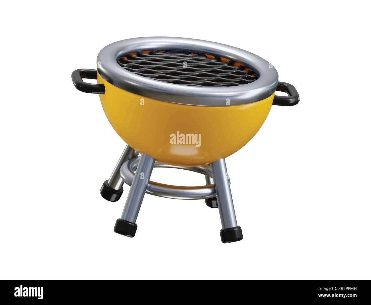 Runder Grillgrill Symbol 3D-Renderkonzept für das Braten von Fleisch, Fisch und Gemüse auf tragbarem Grill für Picknick im Freien Camping usw. Stock Vektor