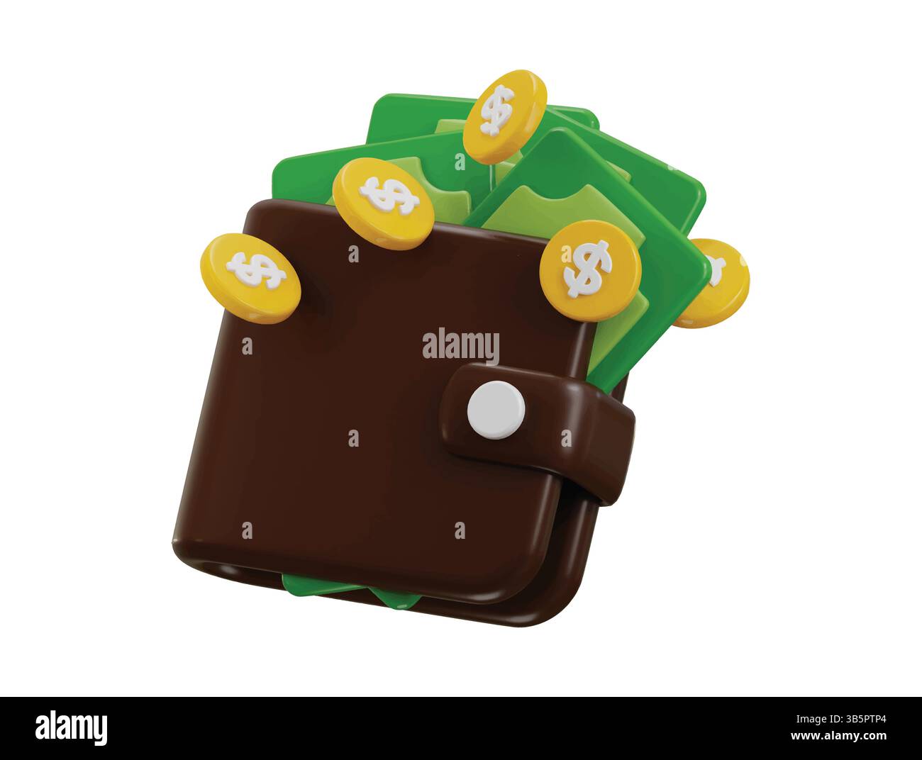 Geldbörse mit Geldsymbol 3D Rendern Konzept der Geldbörse mit Papiergeld und Goldmünzen Finanzen Icon Vektor Illustration Stock Vektor