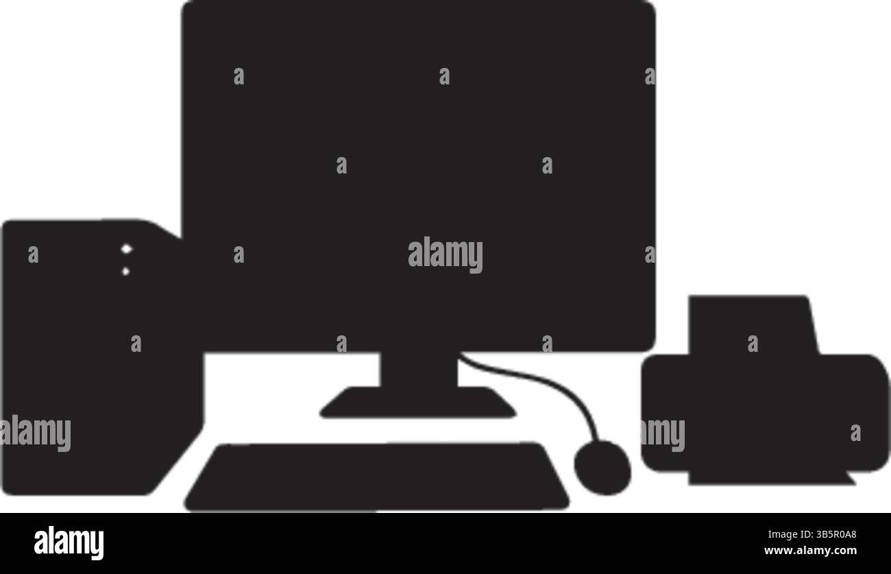 Silhouetten Der Computer-Workstation: Monitor, Tastatur, Maus, Tower & Drucker – Vektorillustration Stock Vektor