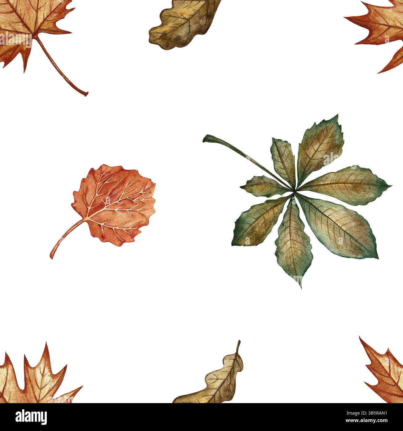 Nahtloses Muster mit verschiedenen Herbstblättern. Handgemachte Aquarellillustration. Farbbild. Ideal zum Verpacken, Dekorieren, Textilien und Tapeten, für Stockfoto