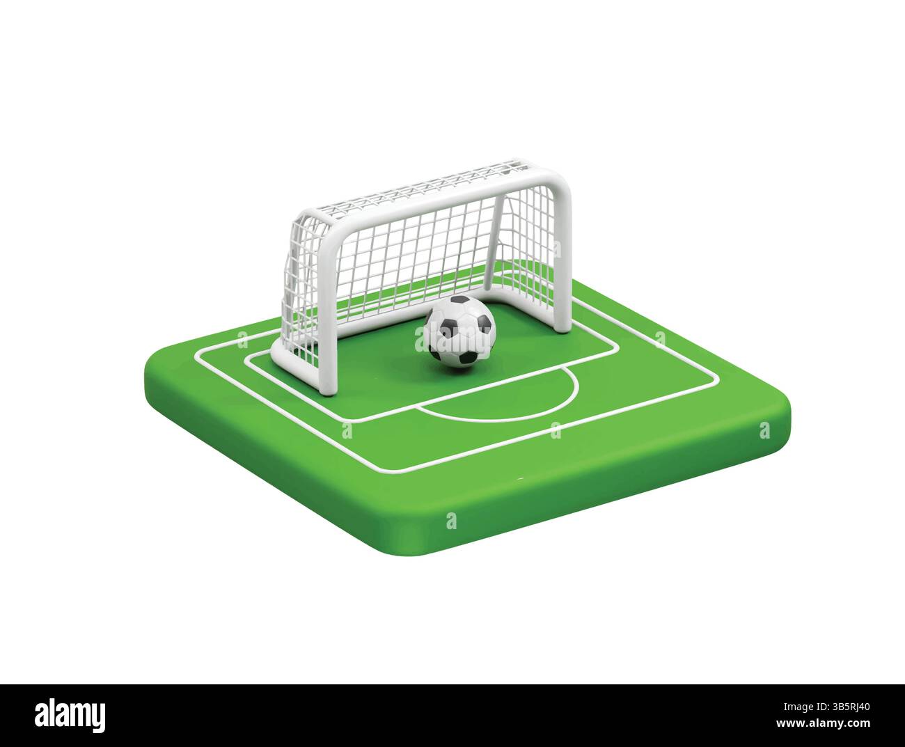 Fußball im Tor auf dem Spielfeld Symbol 3D Fußballfeld Torpfosten Symbol 3D Rendern Stock Vektor
