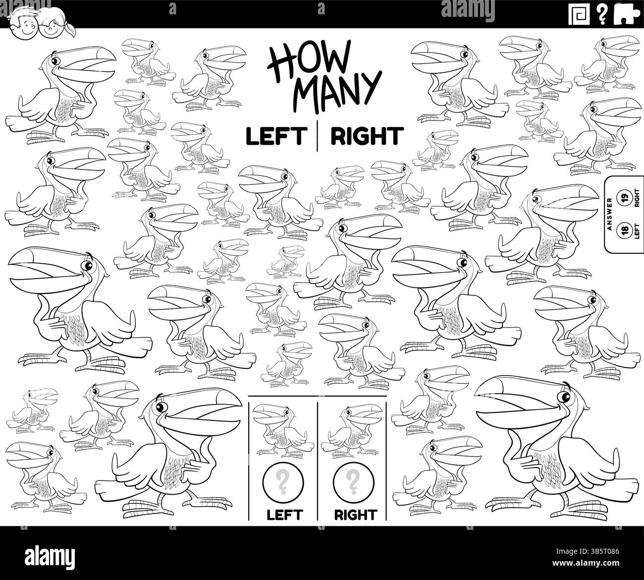 Zeichentrickillustration des pädagogischen Puzzles des Zählens links und rechts orientierter Bilder der Tukan-Vogel-Malseite Stock Vektor