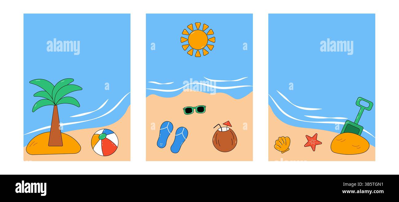 Sommer-Set mit Strandelementen und Blick auf das Meer Stock Vektor
