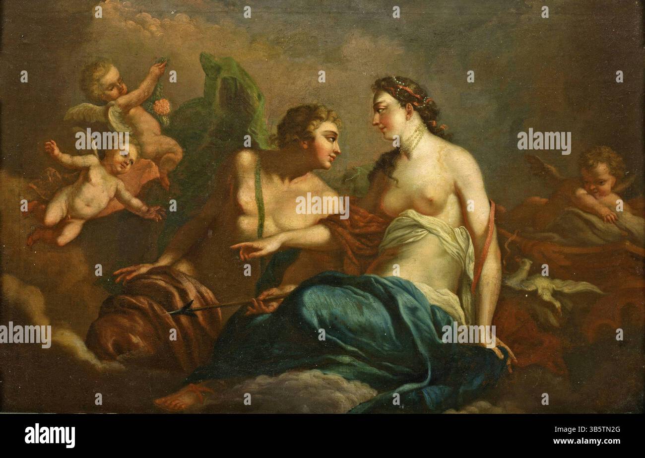 Im griechischen Mythos ist Aphrodite (Venus in römischer Sprache) mit Hephaistos (vulkanisch in römischer Sprache) in einer von Zeus (Jove) arrangierten Ehe verheiratet. Die Quellen unterscheiden sich hinsichtlich des Grundes für die Ehe, stimmen aber überein, dass Hephaistos/Vulkan ein lahmes Bein hat und dass Aphrodite/Venus ihn nicht liebt. Sie hat eine Affäre mit dem Kriegsgott Ares (Mars auf römisch). Sie hatte auch eine Affäre mit den Sterblichen Anchises und Adonis. In diesem Gemälde Aphrodite und Adonis von Christian Wilhelm Ernst Dietrich sehen wir das Paar zusammen. Stockfoto