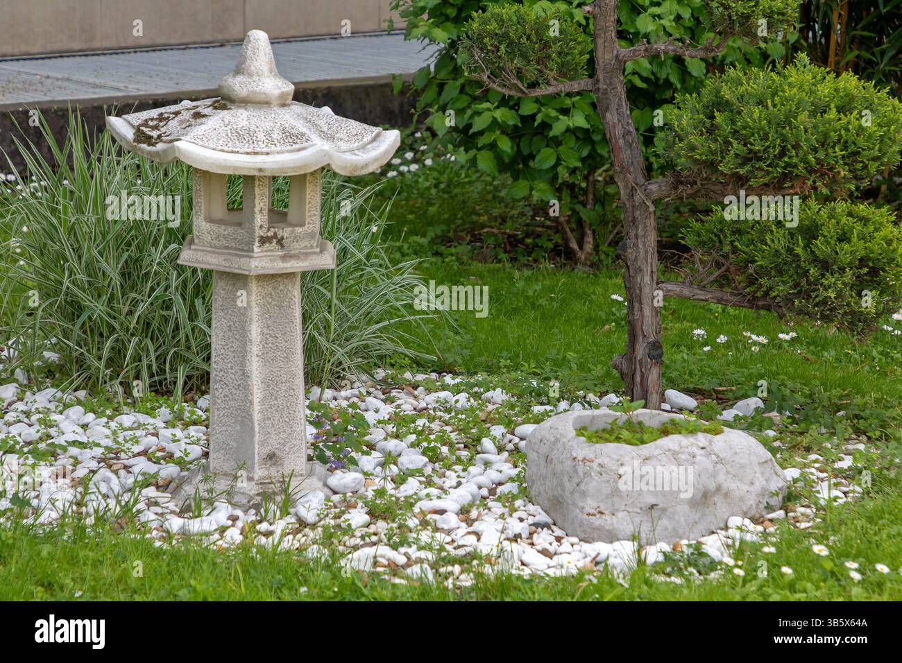 Kleiner Zen-Garten mit dekorativen Zierfelsen innen Stockfoto