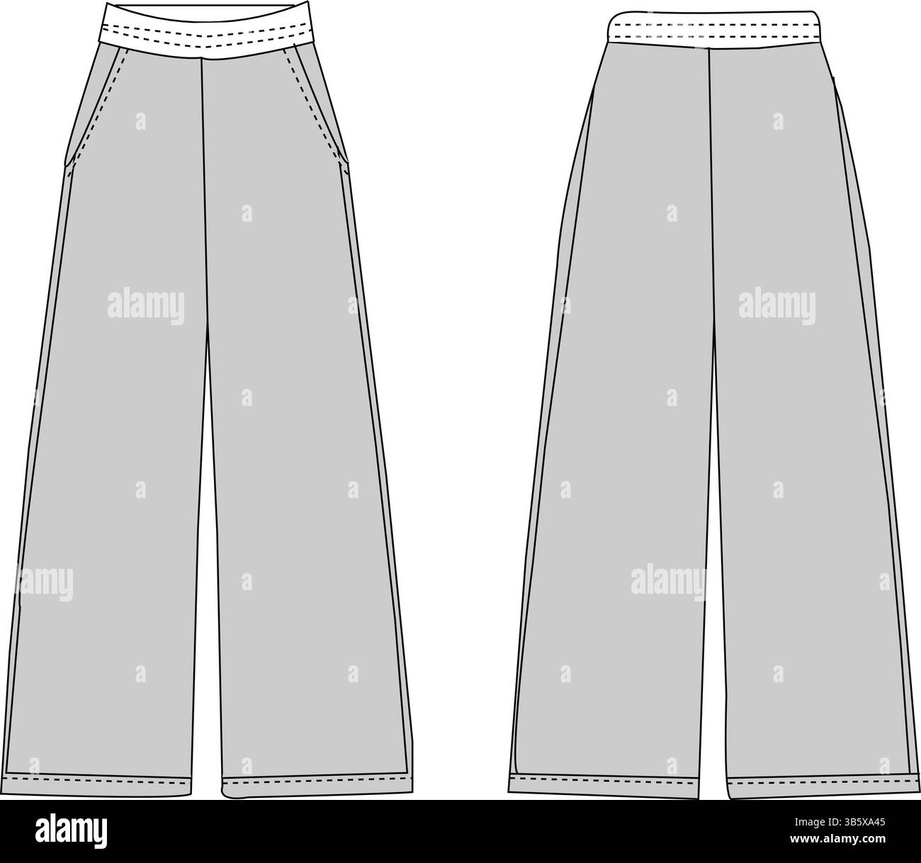 Kollektion mit weitem Bein – Technische Illustration | flache Bekleidungsvorlage CAD | Vorder- und Rückansicht Stock Vektor