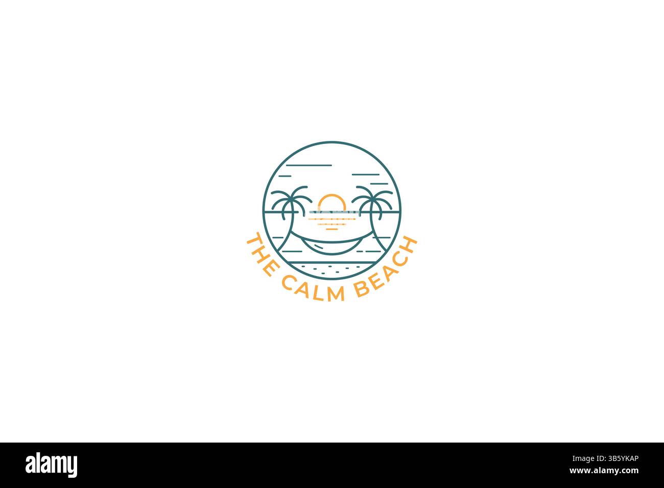 Blick auf Strand Abenduntergang mit abstrakter Palme und Hängematte Logo Urlaub Reise und Urlaub Business Stock Vektor