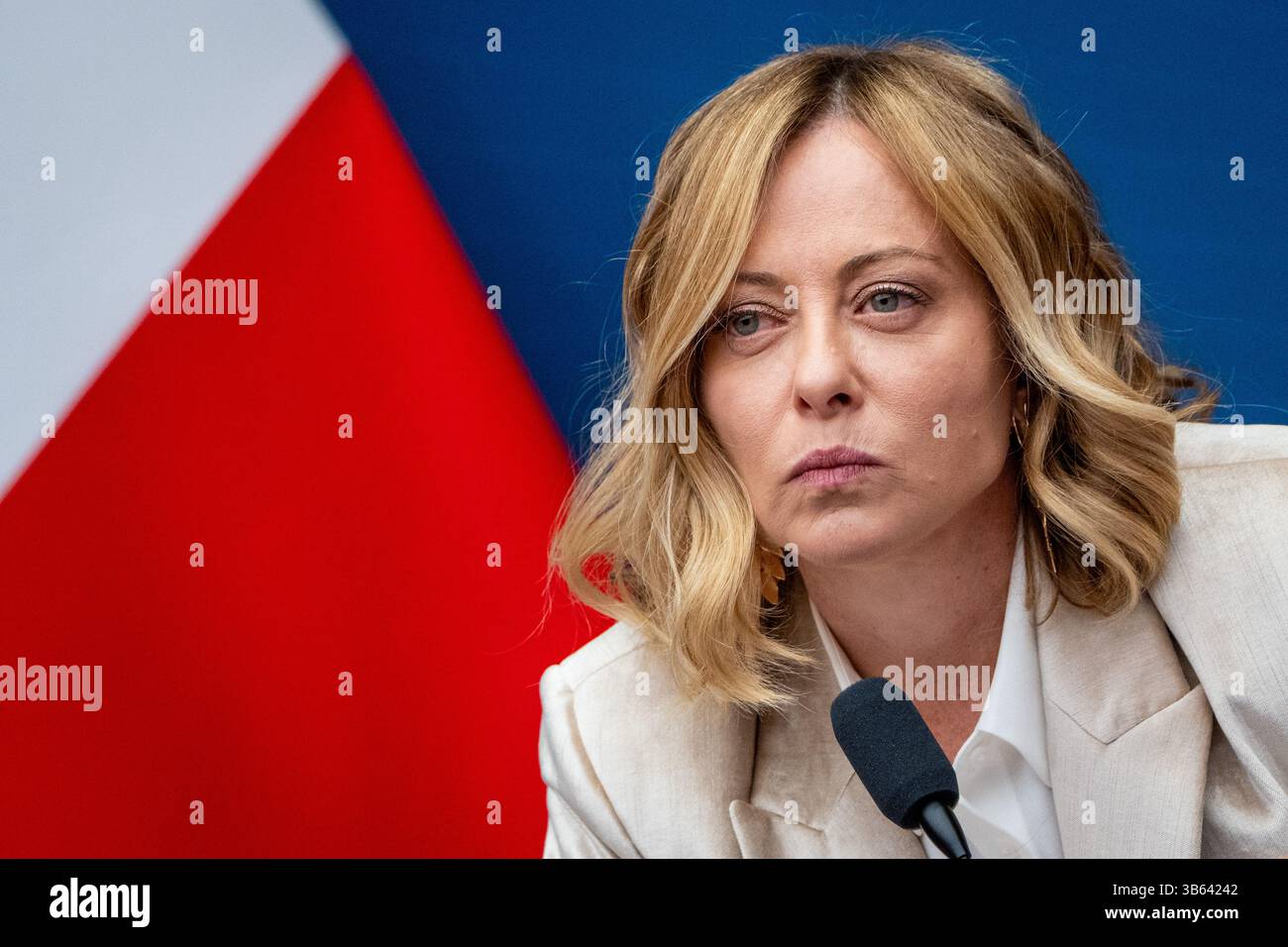 Die italienische Premierministerin Giorgia Meloni hält am 9. Januar 2024 die Pressekonferenz zum Jahresende in Rom, Italien, 2025 ab. Stockfoto