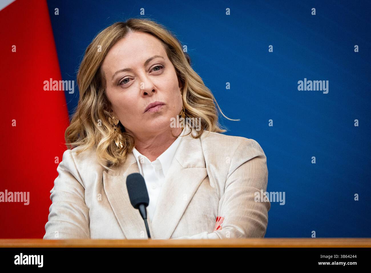 Die italienische Premierministerin Giorgia Meloni hält am 9. Januar 2024 die Pressekonferenz zum Jahresende in Rom, Italien, 2025 ab. Stockfoto