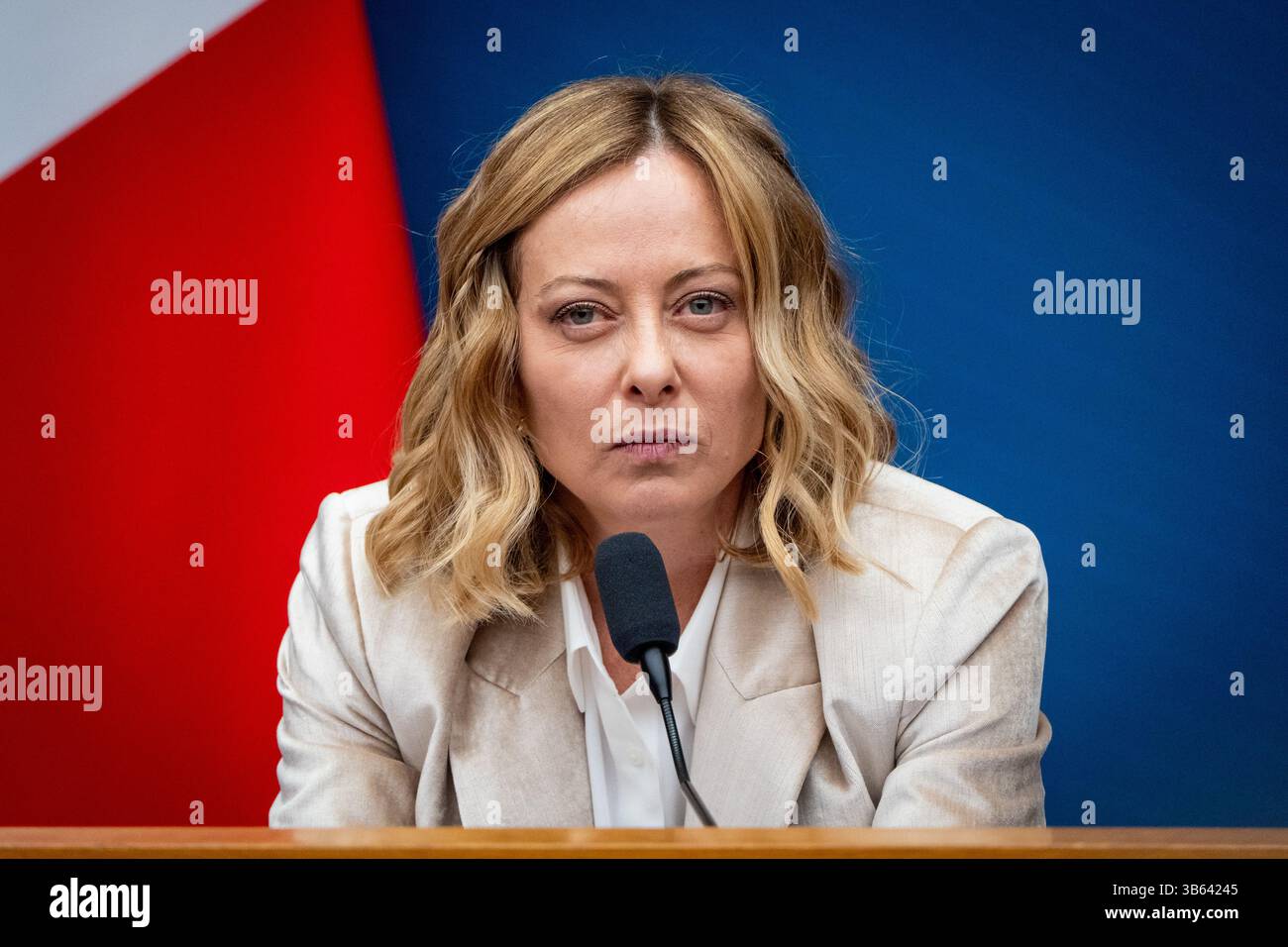 Die italienische Premierministerin Giorgia Meloni hält am 9. Januar 2024 die Pressekonferenz zum Jahresende in Rom, Italien, 2025 ab. Stockfoto