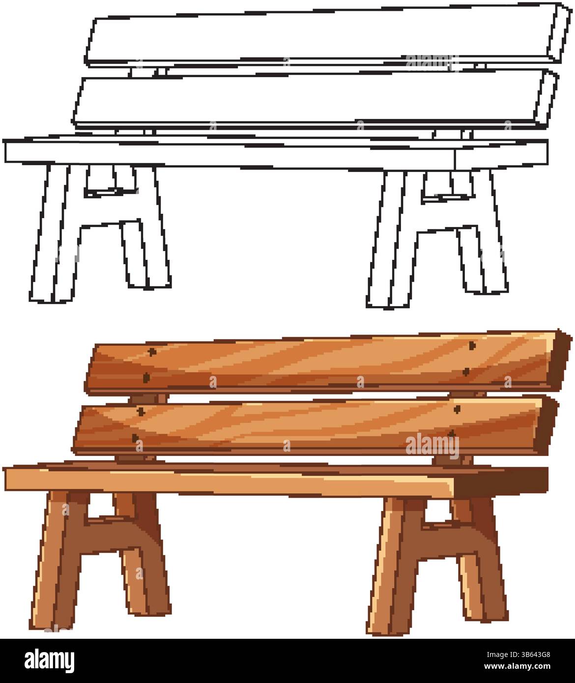 Vektorillustration einer Holzbank mit detaillierter Textur und Umrissversion. Einfache Komposition, warme Farben, klare Linien Stock Vektor