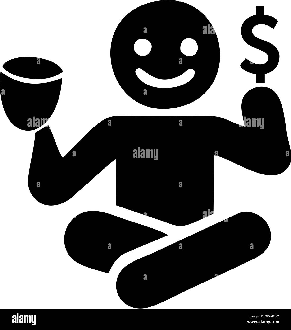 Eine einfache schwarze Silhouette einer Person, die in einer meditativen Pose sitzt, eine Schüssel und ein Dollarzeichen hält Stock Vektor