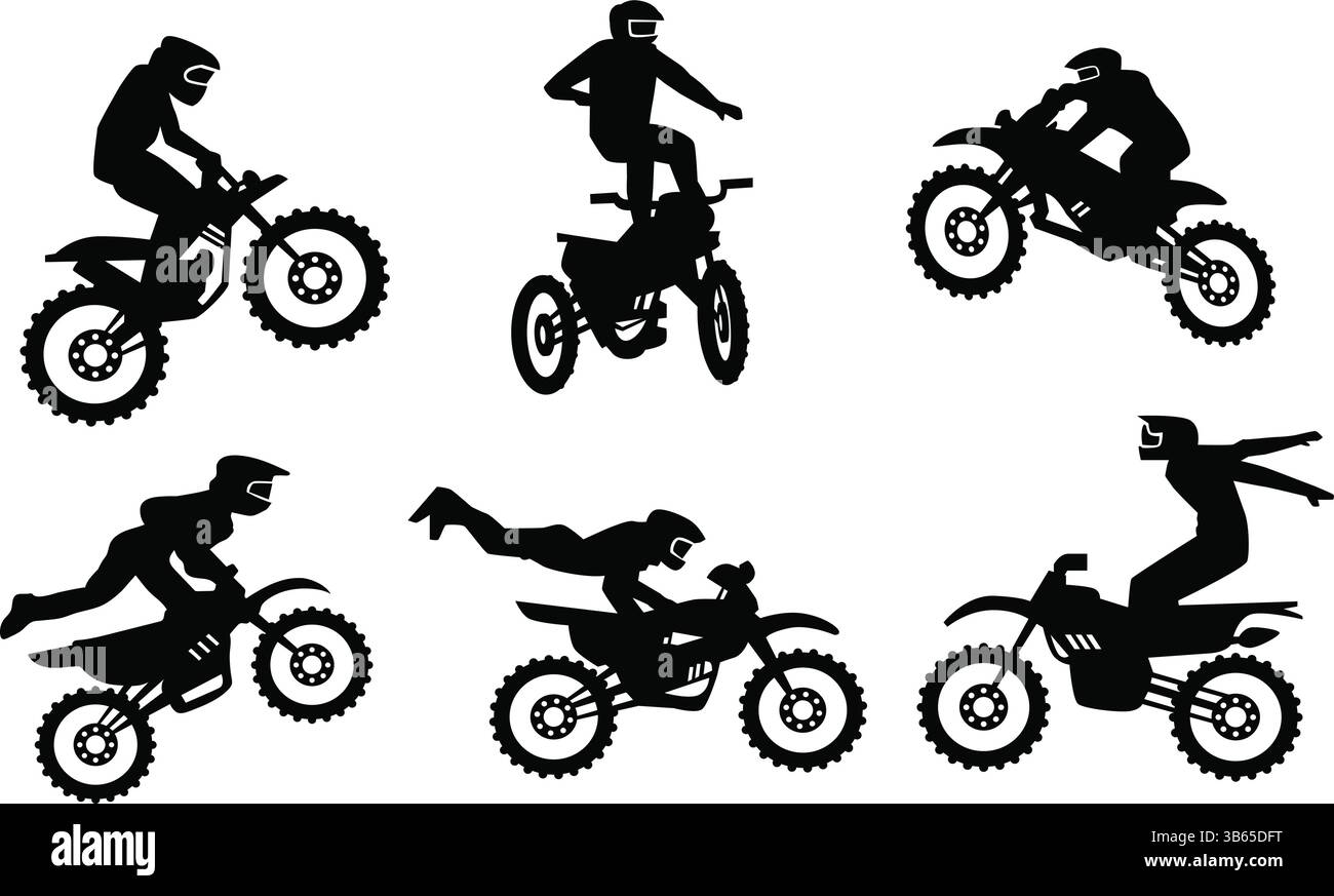 Silhouetten von Motocross-Fahrern, die Stunts auf Dirt-Bikes ausführen Stock Vektor