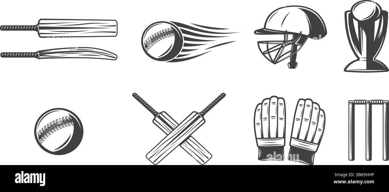 Cricket Icons Set – Schläger, Ball, Helm, Trophäe und mehr Stock Vektor