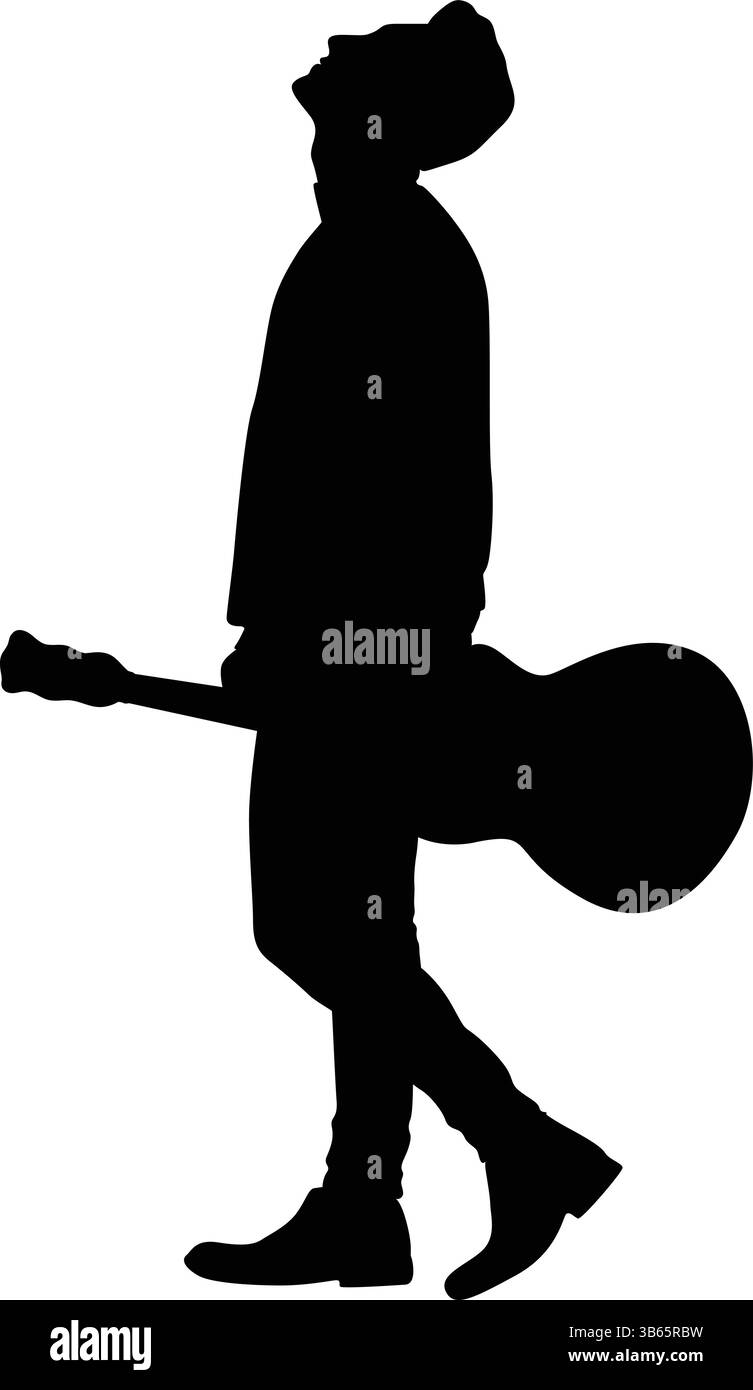 Silhouette des Mannes Gehen mit Gitarre isolierter Musiker Vector Black Design Illustration Gitarre, Mann, Silhouette, Gehen, Musiker, schwarz, Instrument Stock Vektor