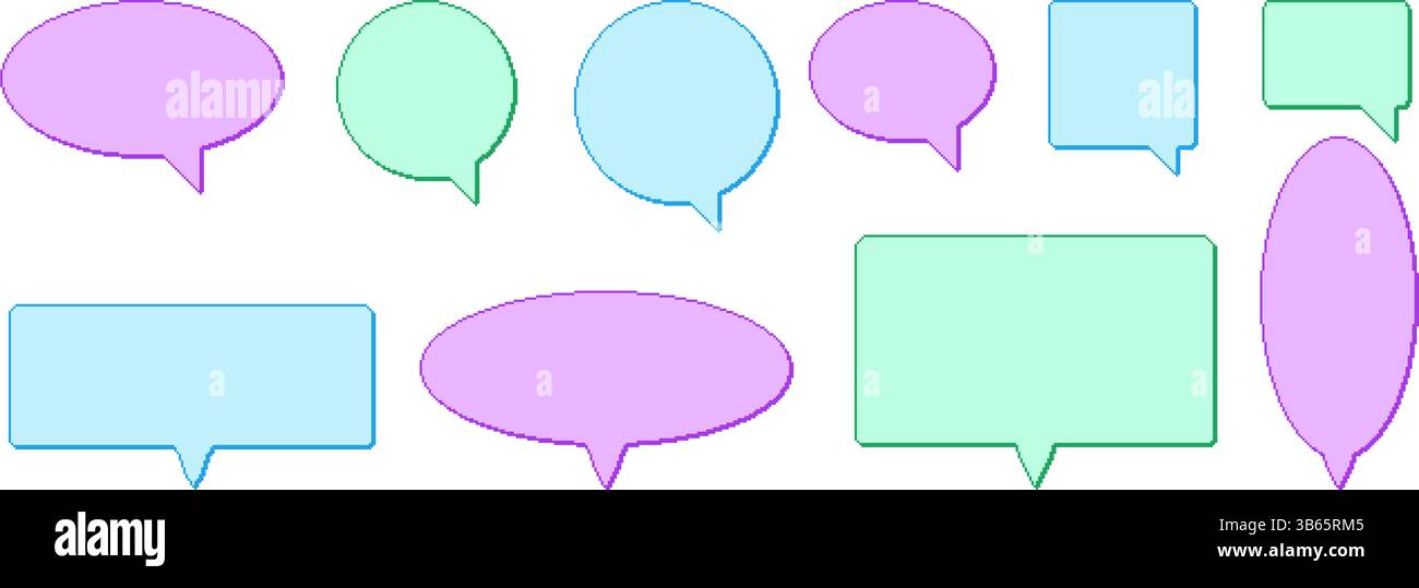 Pixel Art Sprechblasen. 8 Bit farbenfrohe Textfelder Set. Rechteckige und runde Chatrahmen. Dialog grenzt Symbole im Retro-Stil der 90er Jahre. Digitale Beschreibungen Stock Vektor