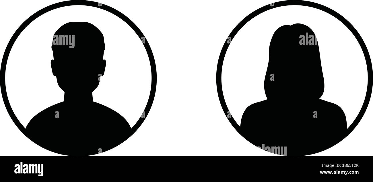 Schwarze Silhouettensymbole von Mann und Frau im Kreis Stock Vektor