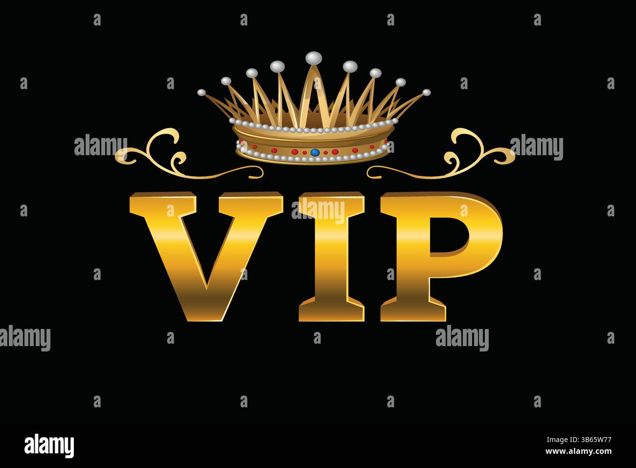VIP Gold Buchstaben mit königlicher Krone und schwarzem Hintergrund Vektor, VIP Krone Icon, VIP Text, Gold VIP Logo, VIP Zeichen, VIP mit schwarzem Hintergrund, Luxussymbol Stock Vektor