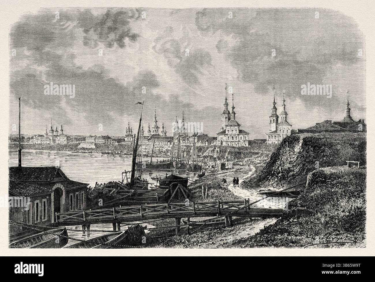 Allgemeiner Panoramablick auf die Stadt Arkhangelsk (Arjánguelsk) am Ufer des Flusses Nord-Dviná, ganz in der Nähe des Weißen Meeres. Nord, Russland. Zeichnung von Hubert Clerget (1818–1899) Reise ins freie Russland 1869 von William Hepworth Dixon. Le Tour du Monde 1872 Stockfoto