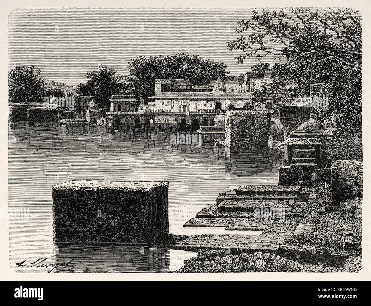 Pushkar Lake, heiliger See der Hindus. Pushkar, Bezirk Ajmer. Rajasthan, Indien. Zeichnung von Hubert Clerget (1818–1899) Indien der Rajahs 1864–1868. Reisen in Zentralindien und in die Präsidentschaften von Bombay und Bengalen von Louis Rousselet (1845–1929) Le Tour du Monde 1872 Stockfoto