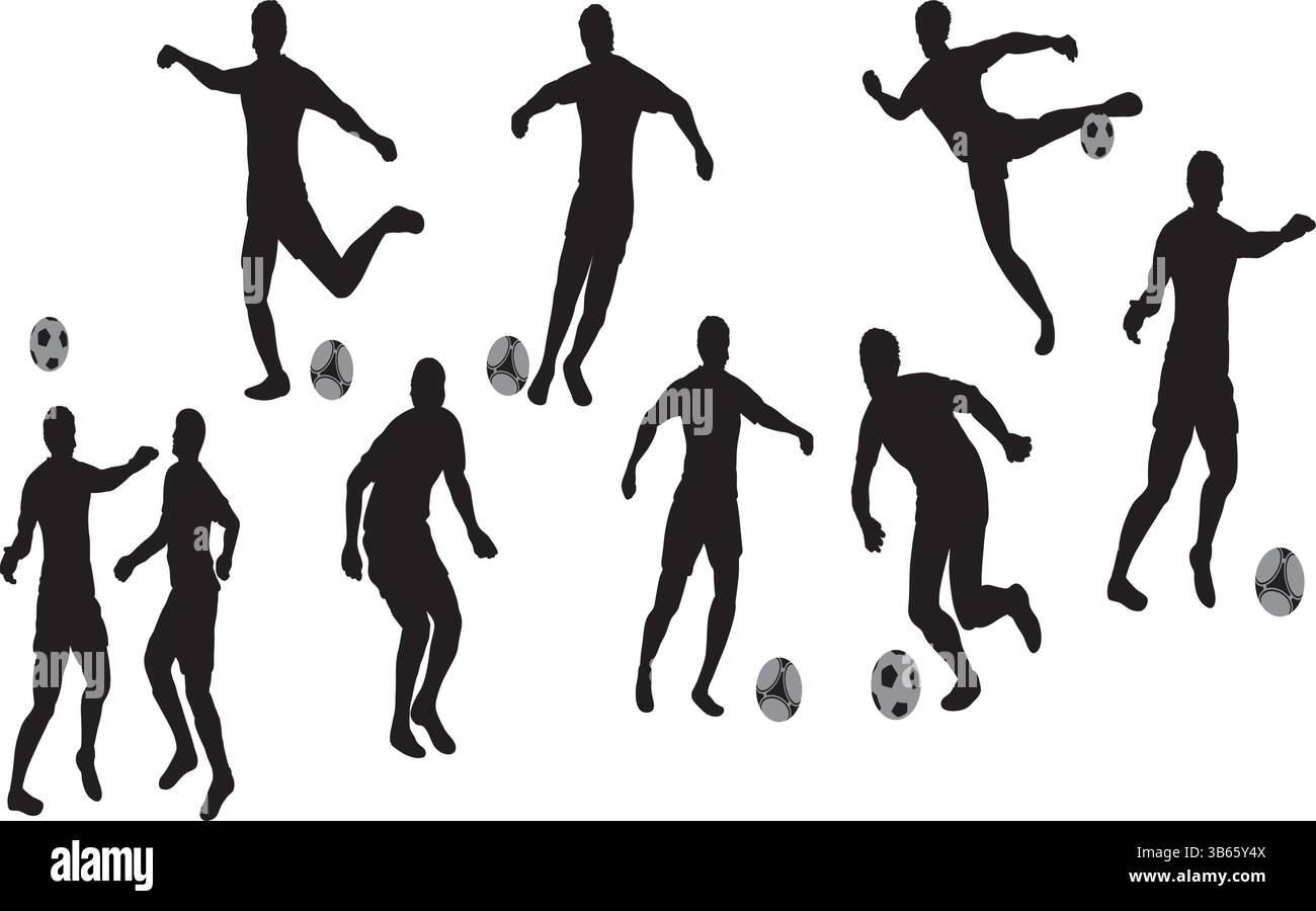 Mehrere Silhouetten von Männern, die Fußball mit Fußballen spielen Stock Vektor