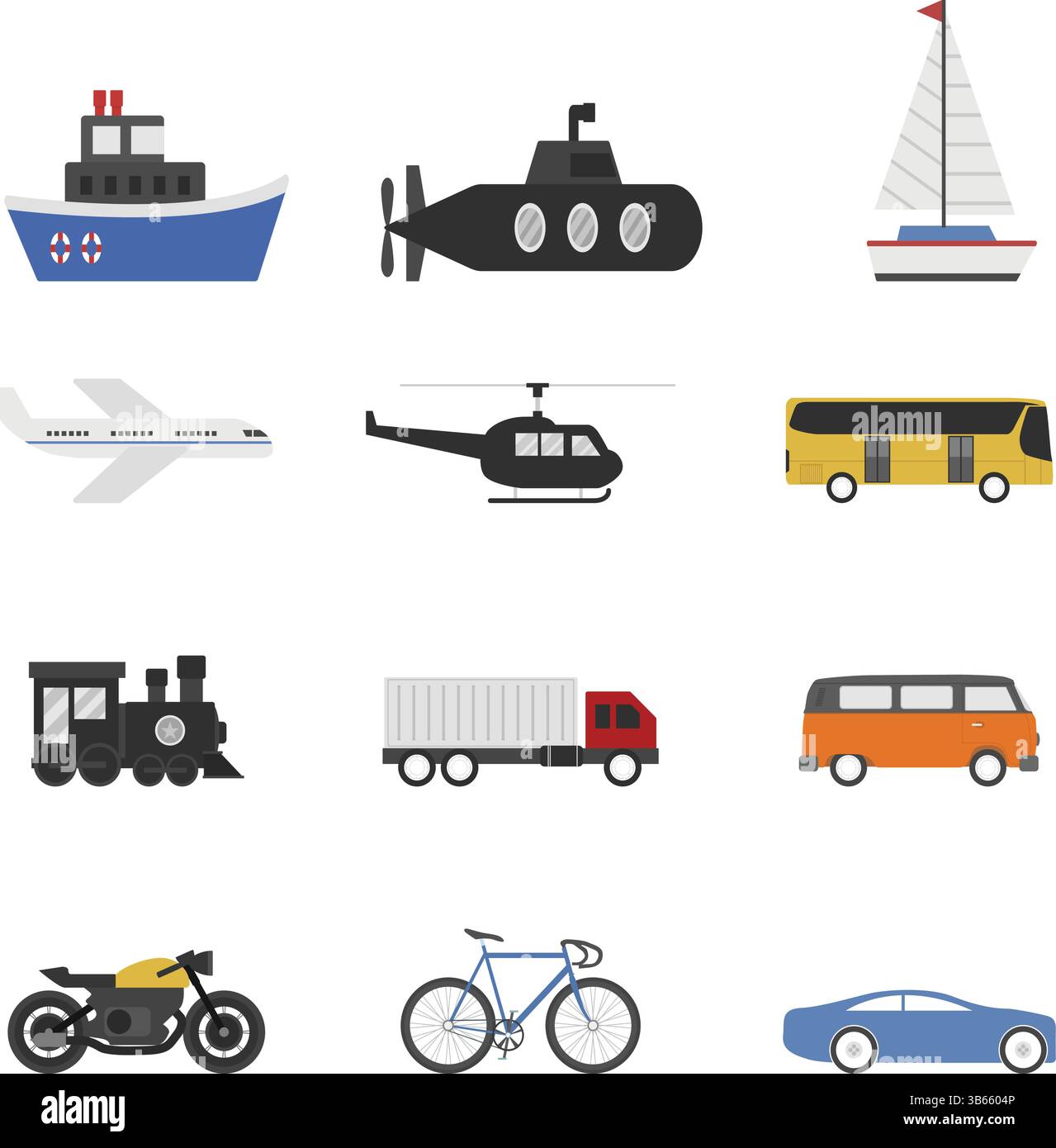 Farbenfrohe Fahrzeugsymbole – Kollektion für Luft-, Land- und Wassertransport Stock Vektor