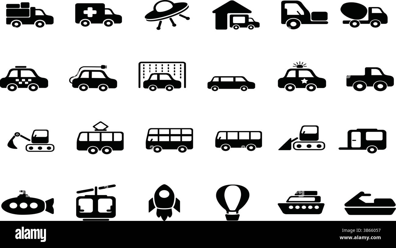Sammlung von schwarzen Transport- und Fahrzeugsymbolen Stock Vektor