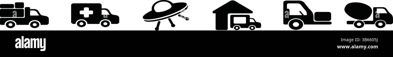 Sammlung von schwarzen Transport- und Fahrzeugsymbolen Stock Vektor