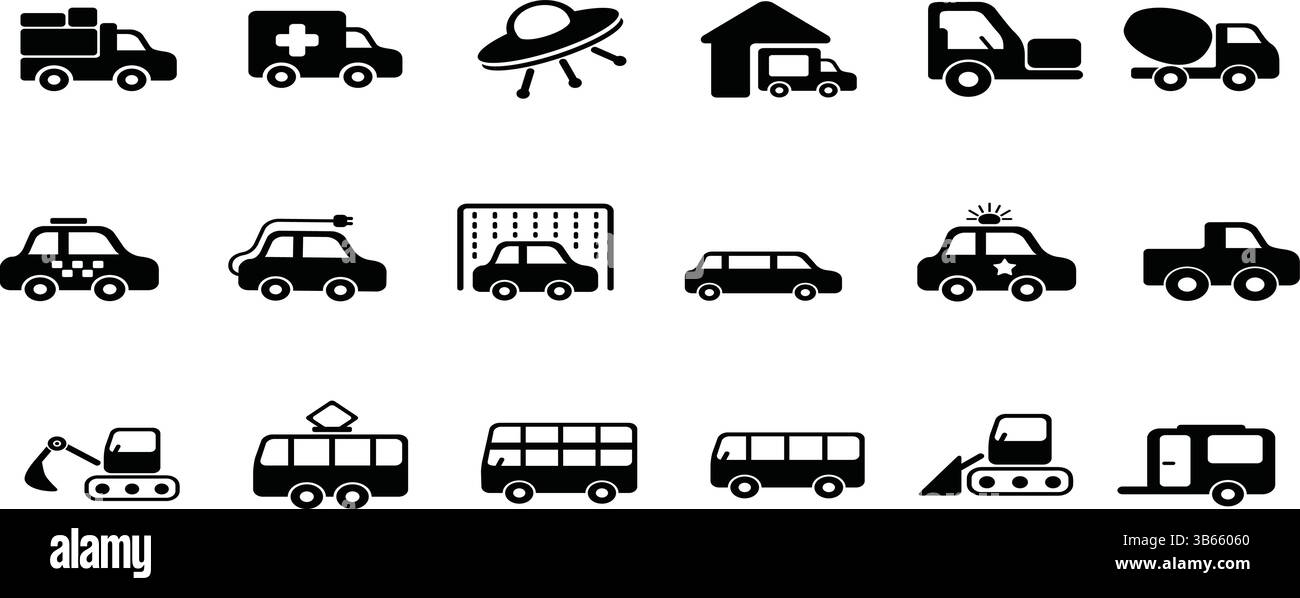 Verschiedene Silhouetten für Landfahrzeuge – Notfall-, Utility- und Pkw-Symbole Stock Vektor