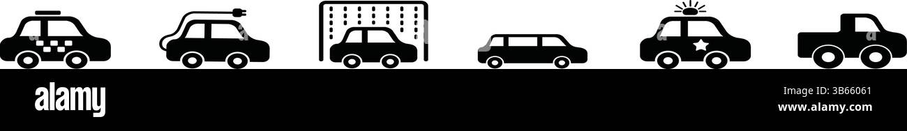 Detaillierte Auto-Silhouette-Symbole - Taxi, Elektroauto, Polizei und Abholung Stock Vektor