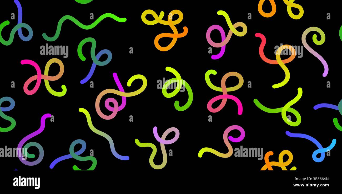 Vektor Neon Bunte Linienformen mit Verlauf. Abstraktes nahtloses Wellenmuster auf schwarzem Hintergrund. 3D Rainbow Color Seamless Waves Graphic Worm. Colo Stock Vektor