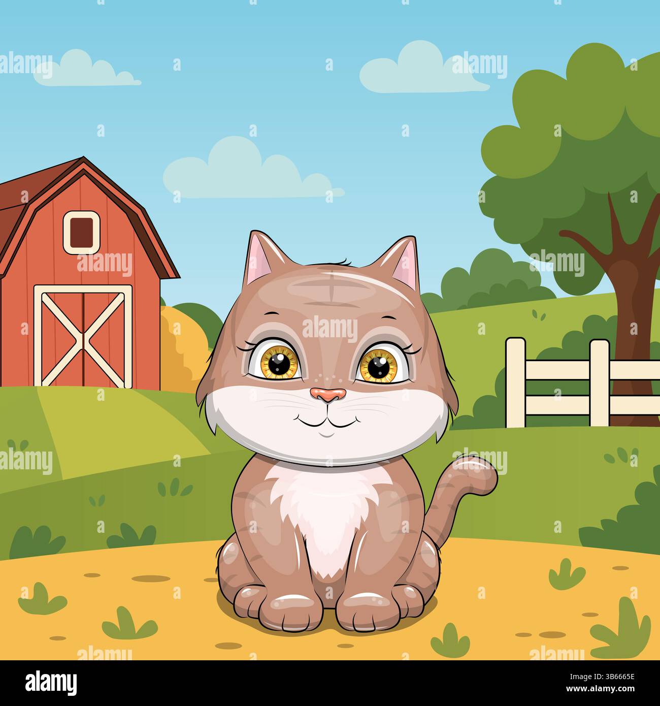 Niedliche Karikaturkatze auf einer sonnigen Farm mit Scheune, Zaun, Baum und blauem Himmel. Vektor-Illustrationn von Tier in der Natur. Stock Vektor