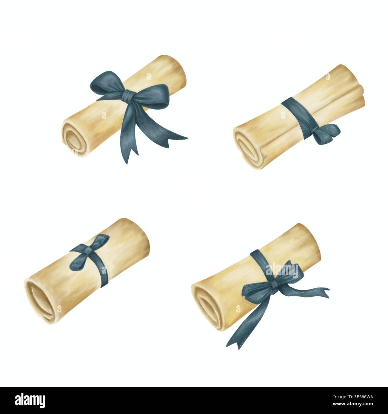 Altes Scrollpapier mit abgetrennter Farbbanddarstellung. Graduierung für Bannerdesign. Kolektion von gerolltem Pergamentdesign ästhetisch antikes. Realistische Darstellung zeichnen Stockfoto