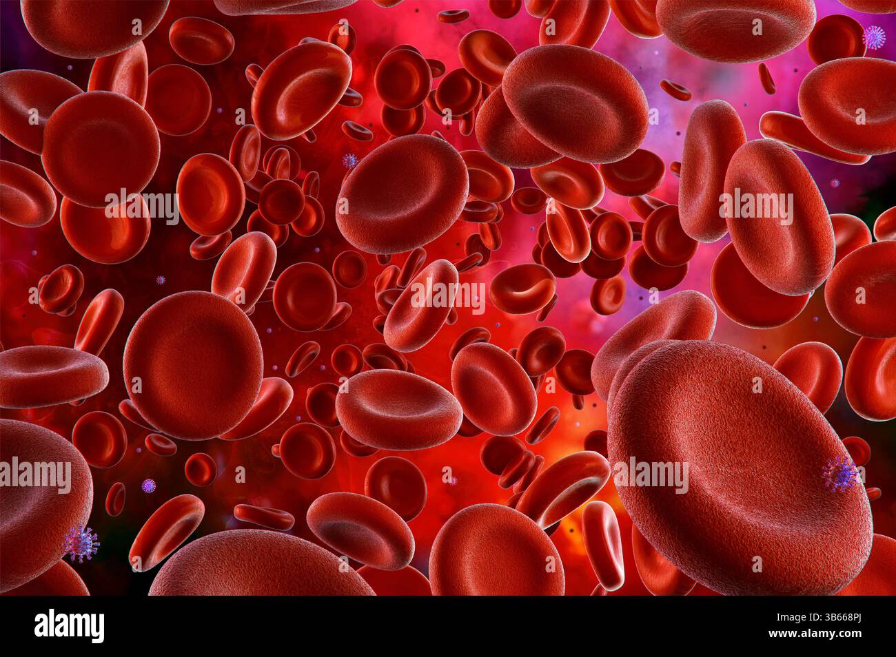 Virusinfektion. Illustration von Viruspartikeln und roten Blutkörperchen. Stockfoto