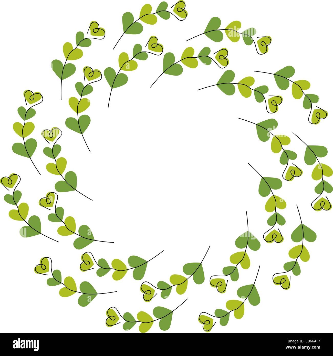 Einzeilige herzförmige Blätter monochrome grüne Verzweigungen Kreisrahmen Rand Kopierraum Vorlage Idee. Isolierte Vektor-Illustration St. Patrick Gruß Thematische Karte Einladung oder Web Promo Banner, Faltblatt Stock Vektor