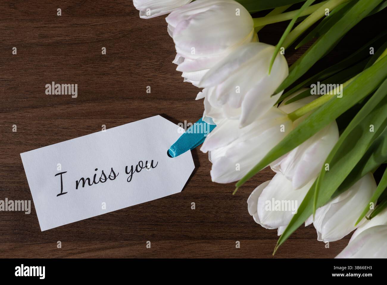 Von oben auf ein weißes Etikett mit der Nachricht „Ich vermisse dich“ neben eleganten weißen Tulpen auf einem dunklen hölzernen Hintergrund, die tiefe Gefühle der Sehnsucht vermitteln Stockfoto