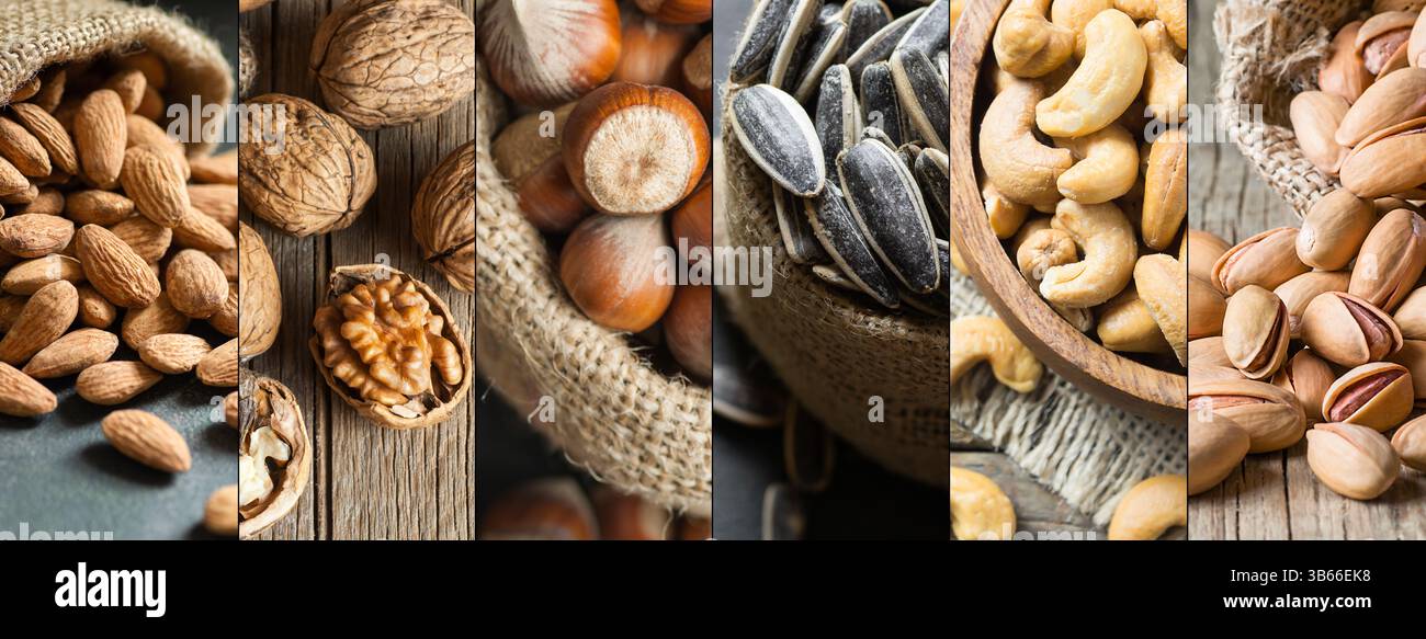 Mischnüsse Konzept, Collage verschiedene Nüsse, Haselnüsse, Walnüsse, Cashew, Mandel, Sonnenblumenkerne, Pistazien, getrocknete Früchte gesunde Nahrung Nuss Stockfoto