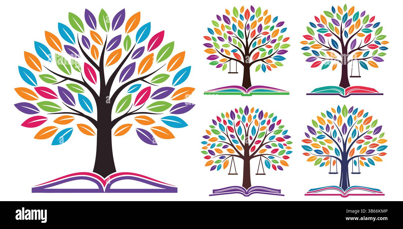 Bunte Symbole für den Wissensbaum in offenen Büchern Stock Vektor