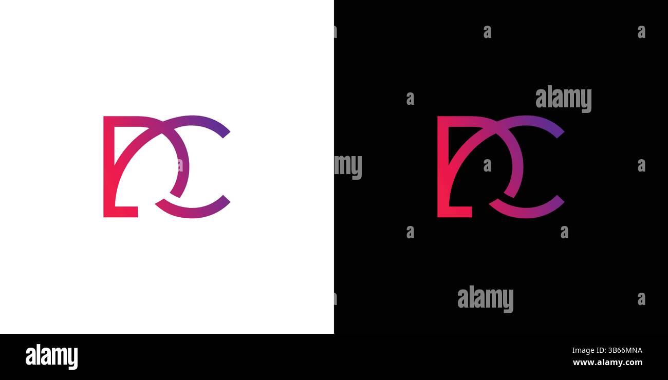 Ein schlankes und modernes DC-Monogramm-Logo mit ineinander greifenden Buchstaben auf kontrastierendem Schwarz-weiß-Hintergrund. Ideal für Branding, Identität A Stock Vektor