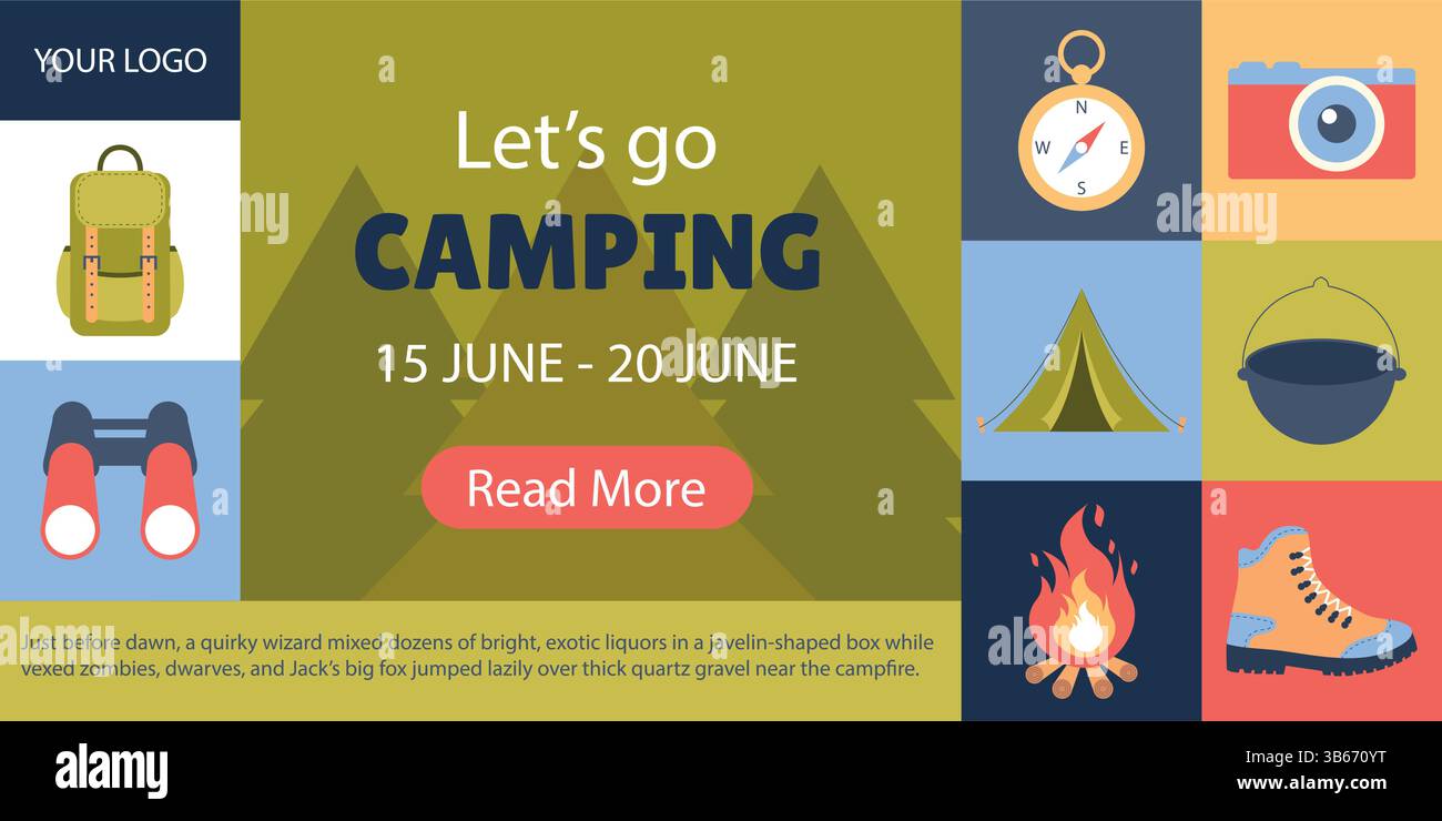 Camping. Titelvorlage Für Soziale Medien, Flaches Poster. Stock Vektor